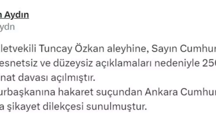 Cumhurbaşkanı Erdoğan, CHP İzmir Milletvekili Tuncay Özkan’a tazminat davası açtı